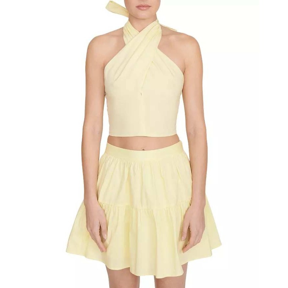 Staud Women Lemon Yellow Tiered Cotton Mini Skirt Size‎ 8 High Waisted Ruffle